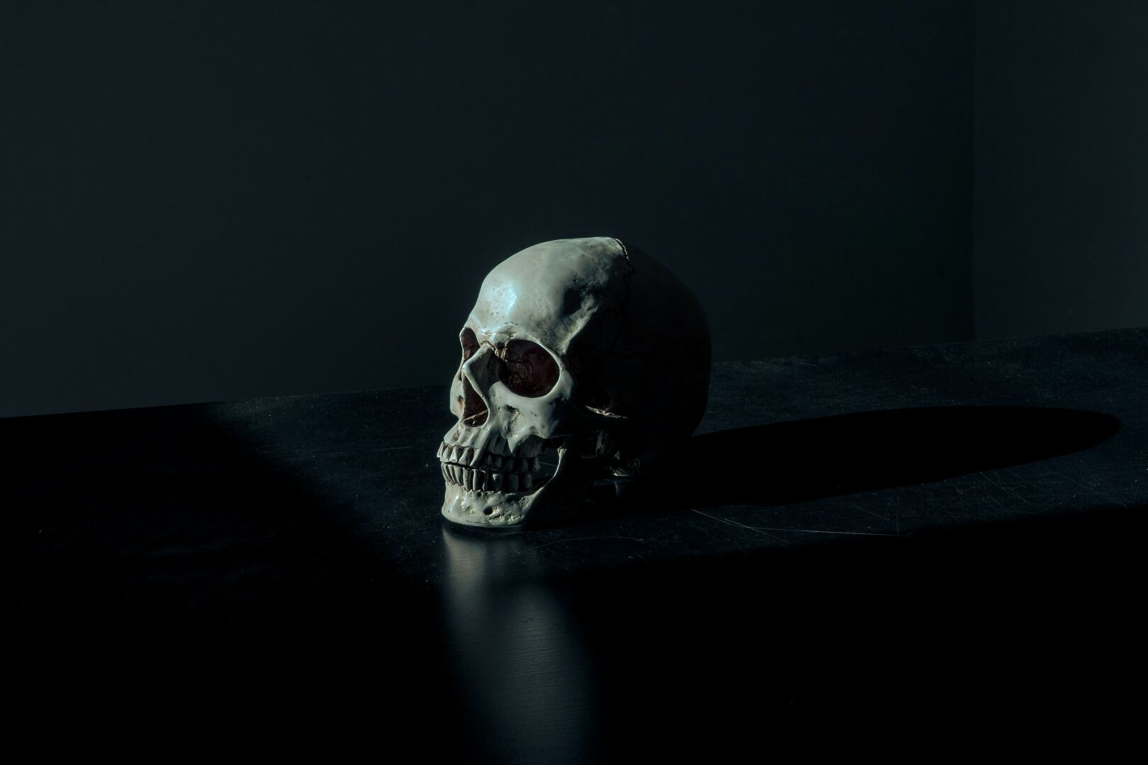 Tête de mort sur fond noir.