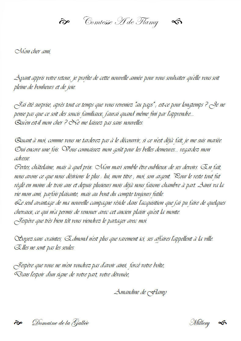 Lettre de la Comtesse Amandine de Flamy