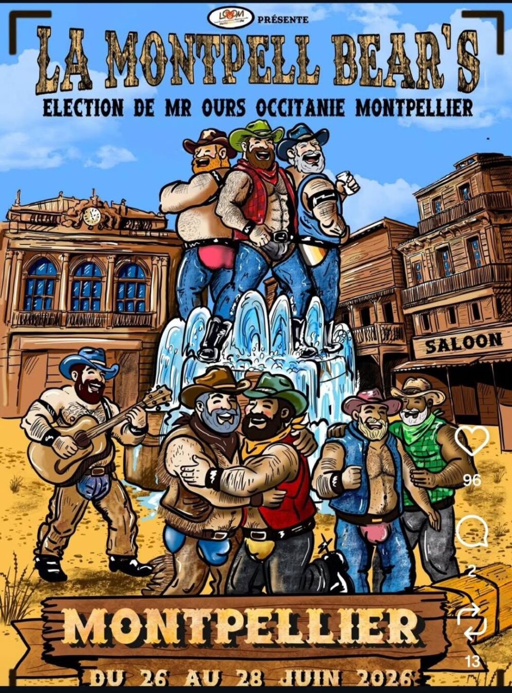 Affiche du style western pour "La Montpell Bear's", un week-end dédié aux bears sur Montpellier du 26 au 28 juin 2026 où Monsieur Ours Occitanie 2026 sera élu.